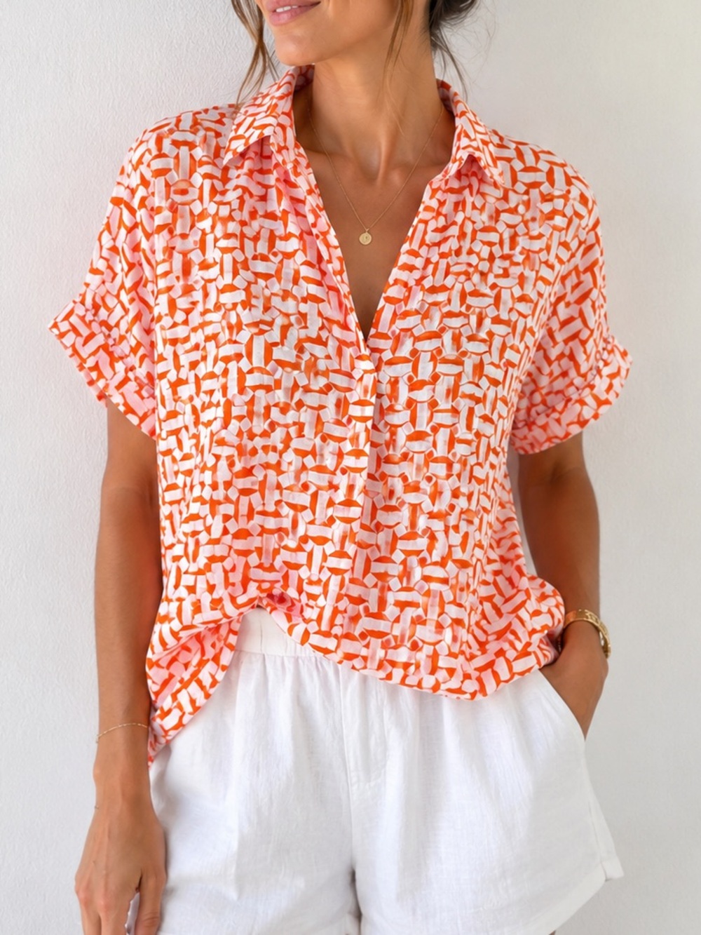 Charter Club Luxury 100%Linen Geometric Print Popover Blouse Orange White Size M